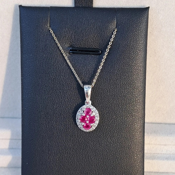 Natural Ruby & Natural White Zircon Style Necklace In 925 Sterling Silver - Picture 2 of 11